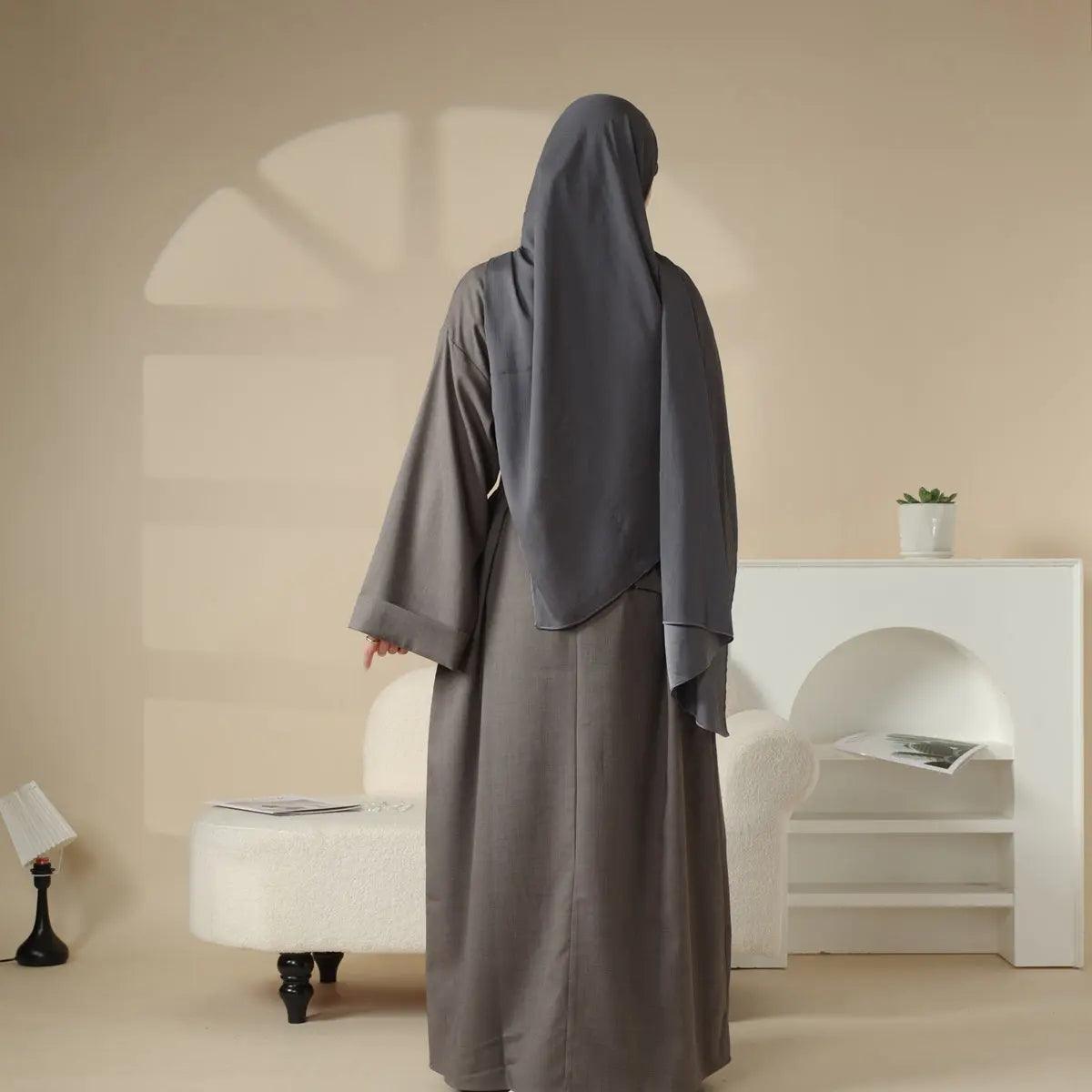 MA043 Linen Plain Abaya with Pockets 2-Piece Set - Mariam's Collection