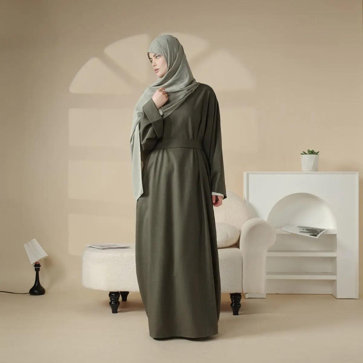 MA043 Linen Plain Abaya with Pockets 2-Piece Set - Mariam's Collection