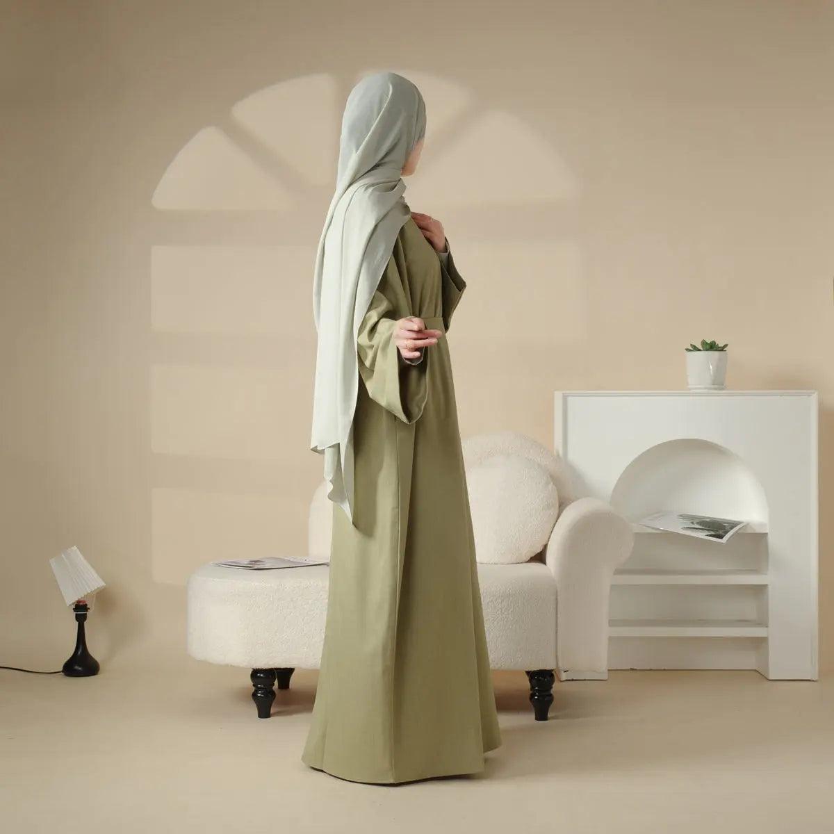 MA043 Linen Plain Abaya with Pockets 2-Piece Set - Mariam's Collection