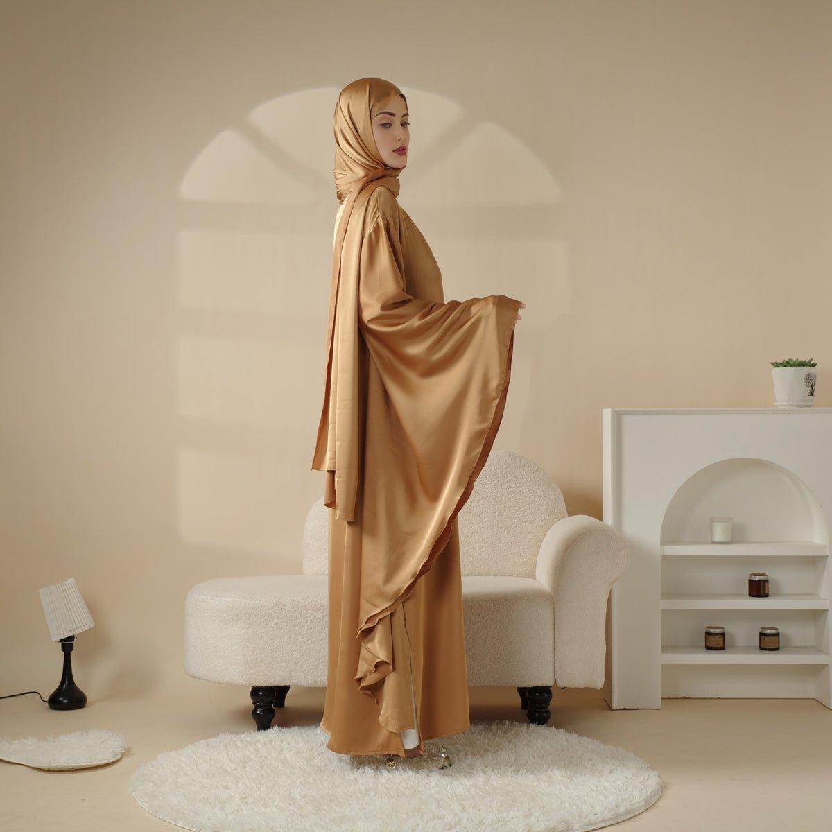 MA054 Luxury Satin Floaty Kaftan Abaya 2-Piece Set (Preorder) - Mariam's Collection