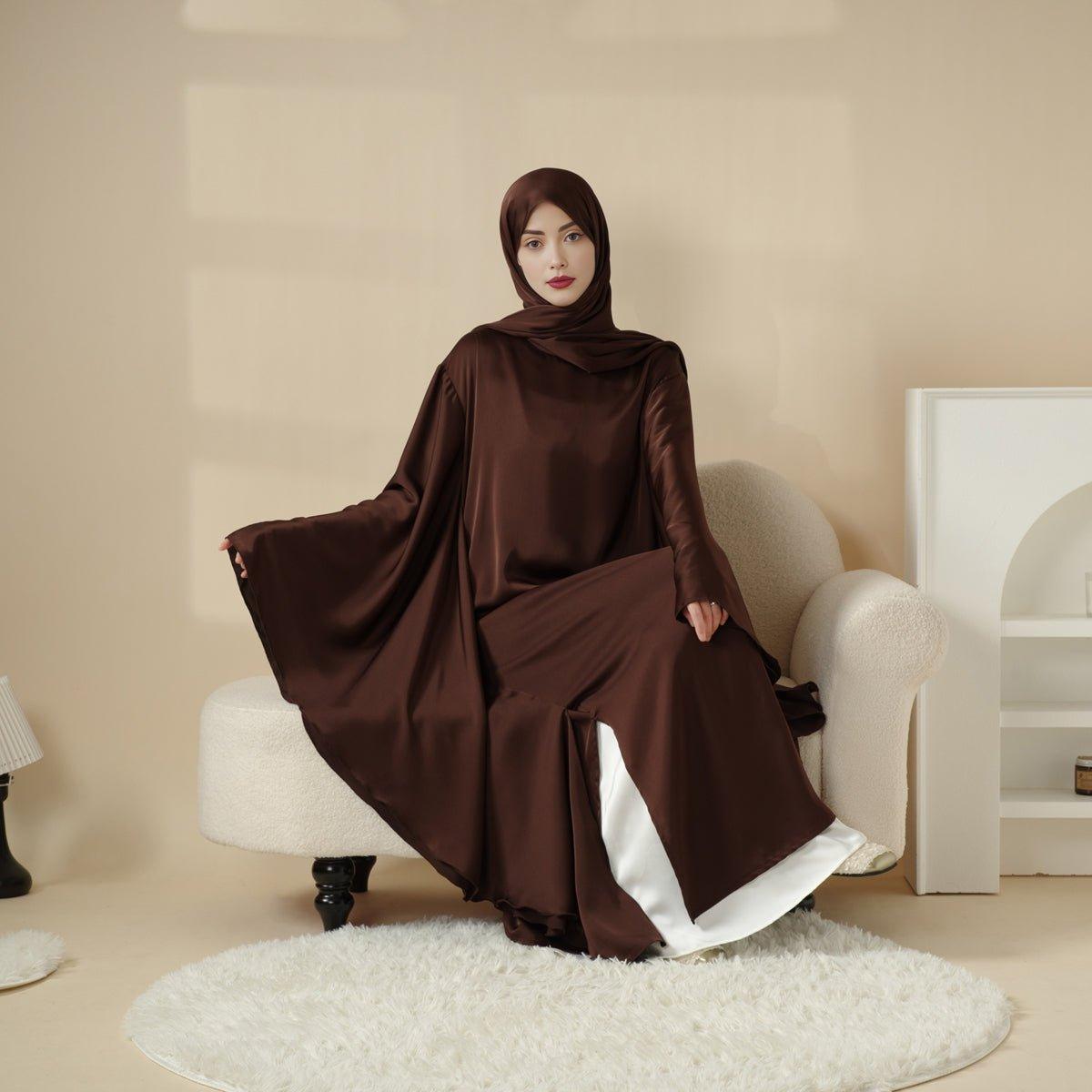 MA054 Luxury Satin Floaty Kaftan Abaya 2-Piece Set (Preorder) - Mariam's Collection