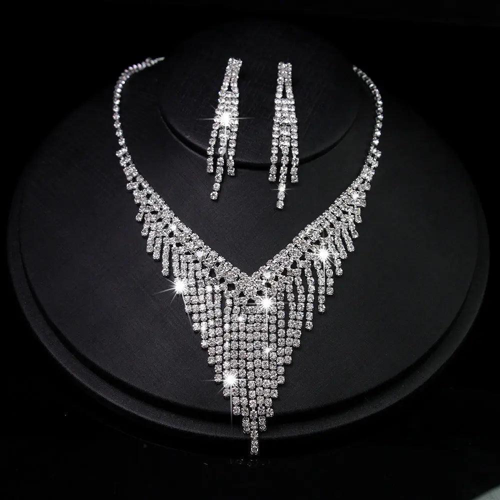 MAC047 Rhinestone Crystal angle Earring Fringe Chain Necklaces Sets - Mariam's Collection