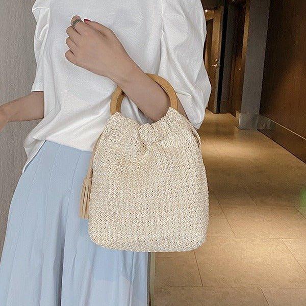 MAC132 Fashionable Straw Simple Beach Tassel Bucket Bag - Mariam's Collection