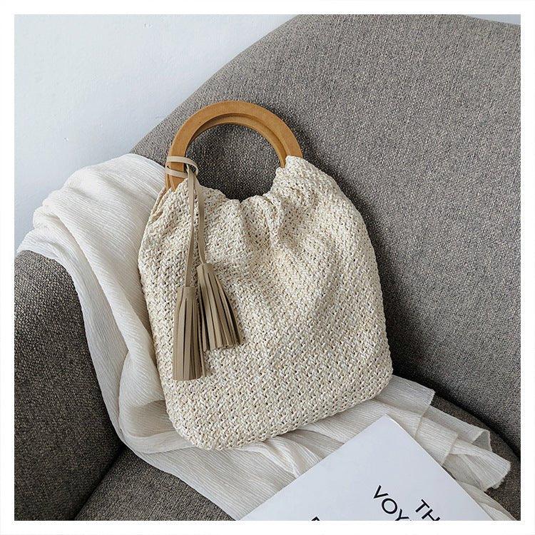 MAC132 Fashionable Straw Simple Beach Tassel Bucket Bag - Mariam's Collection