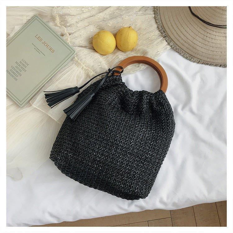 MAC132 Fashionable Straw Simple Beach Tassel Bucket Bag - Mariam's Collection