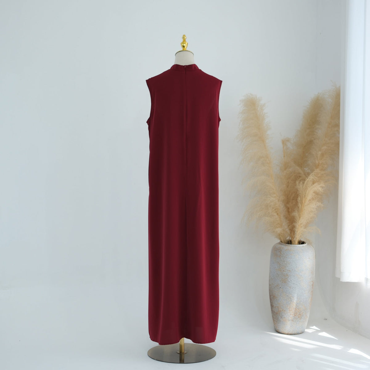 Mandarin-Collar Nida Inner Maxi Dress | Sleeveless Belted Layering Dress(MS569) - Mariam's Collection
