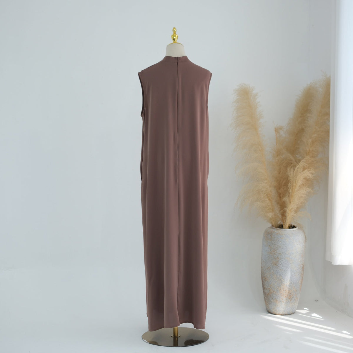 Mandarin-Collar Nida Inner Maxi Dress | Sleeveless Belted Layering Dress(MS569) - Mariam's Collection