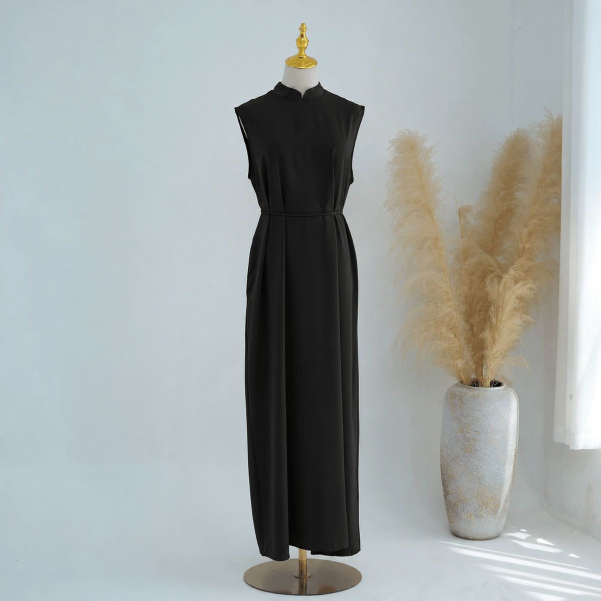Mandarin-Collar Nida Inner Maxi Dress | Sleeveless Belted Layering Dress(MS569) - Mariam's Collection