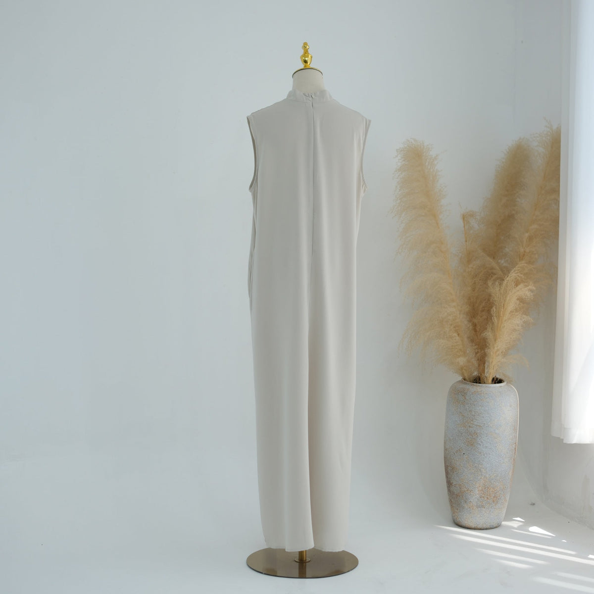 Mandarin-Collar Nida Inner Maxi Dress | Sleeveless Belted Layering Dress(MS569) - Mariam's Collection
