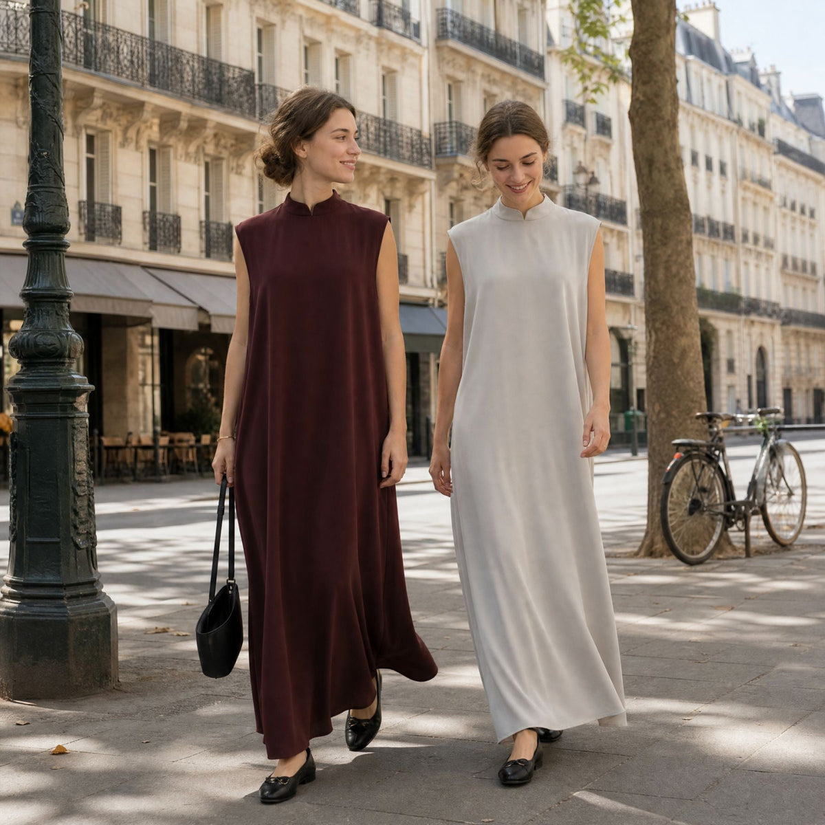 Mandarin-Collar Nida Inner Maxi Dress | Sleeveless Belted Layering Dress(MS569) - Mariam's Collection