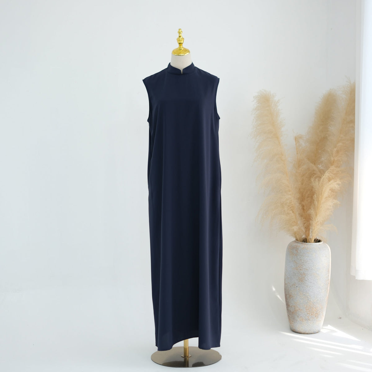 Mandarin-Collar Nida Inner Maxi Dress | Sleeveless Belted Layering Dress(MS569) - Mariam's Collection