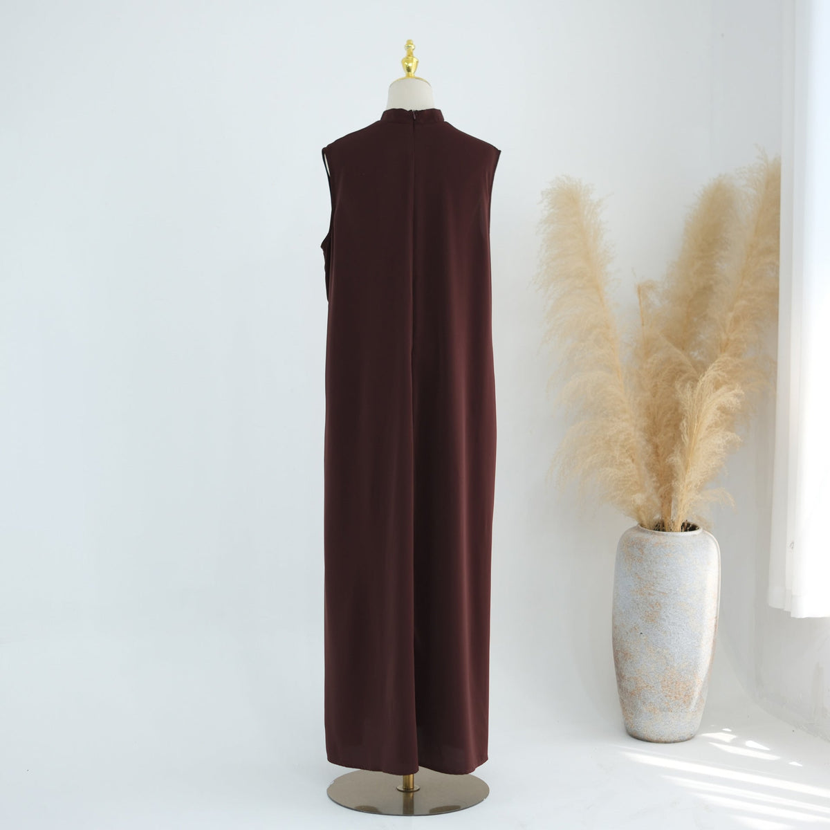 Mandarin-Collar Nida Inner Maxi Dress | Sleeveless Belted Layering Dress(MS569) - Mariam's Collection