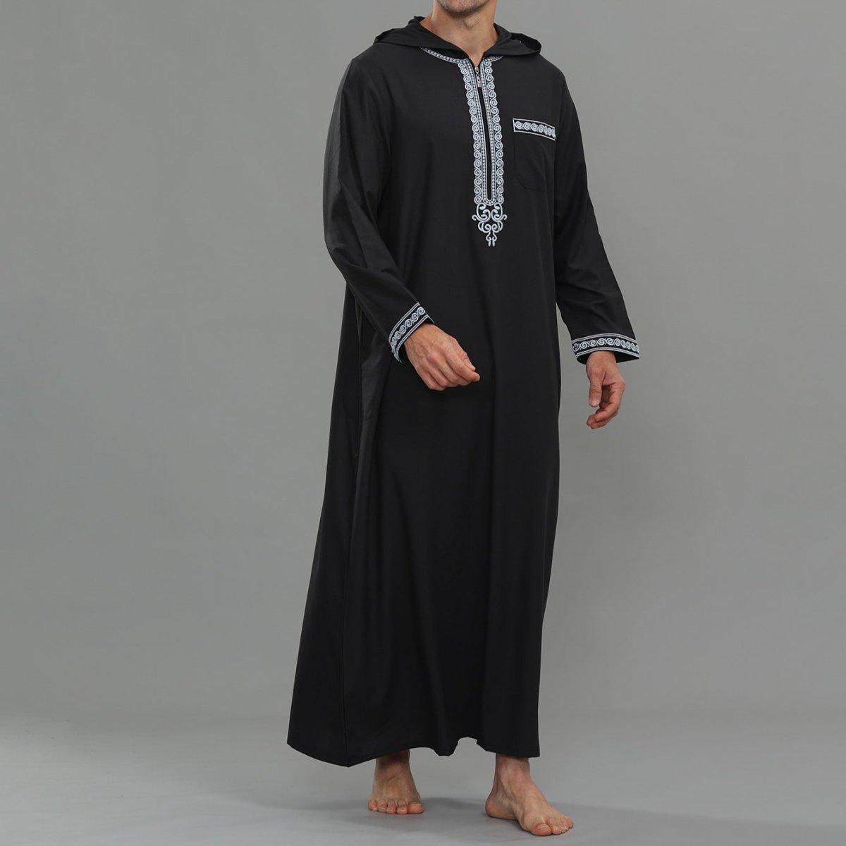 Men's Hooded Embroidered Thobe with Pockets (MT037) - Mariam's Collection