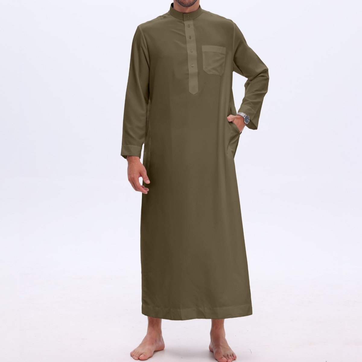 Men's Solid Color Thobe with Button Placket (MT036) - Mariam's Collection