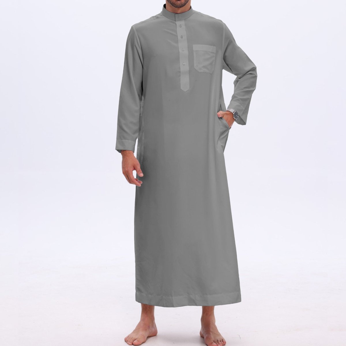 Men's Solid Color Thobe with Button Placket (MT036) - Mariam's Collection