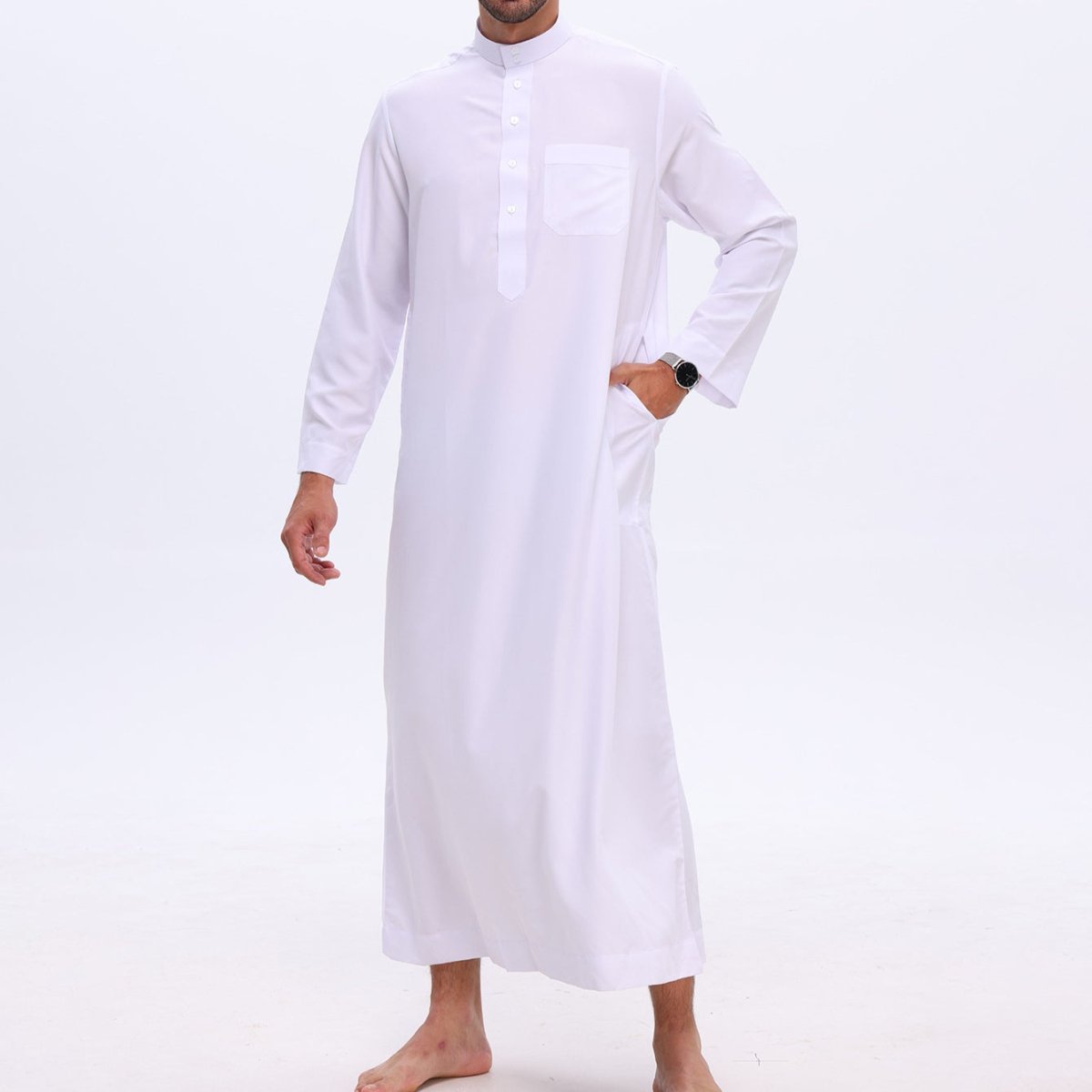 Men's Solid Color Thobe with Button Placket (MT036) - Mariam's Collection