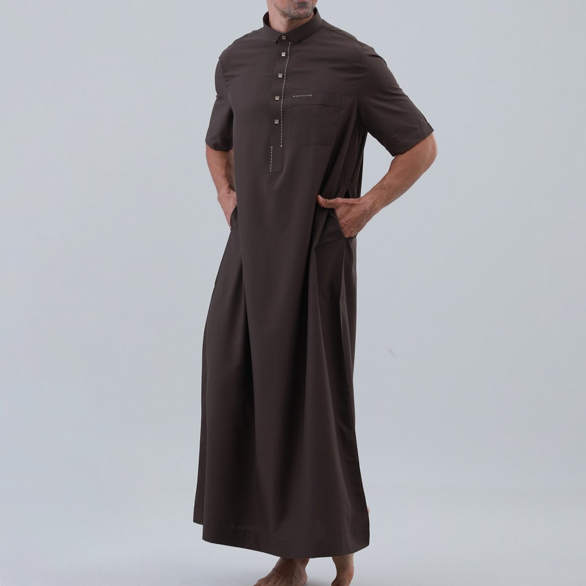 Men's Solid Color Thobe with Button Placket (MT038) - Mariam's Collection