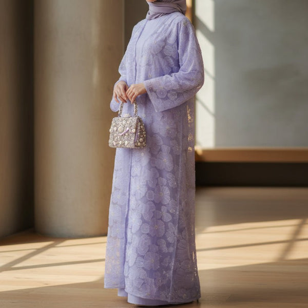 Mesh Flower Bead Open Abaya and Satin Interior Dress 2 - Piece Set | Elegant Muslim Wedding Guest Outfit(MOA222) - Mariam's Collection