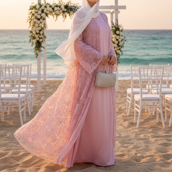 Mesh Flower Bead Open Abaya and Satin Interior Dress 2 - Piece Set | Elegant Muslim Wedding Guest Outfit(MOA222) - Mariam's Collection