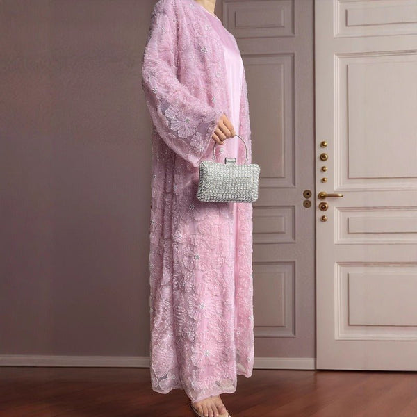 Mesh Flower Bead Open Abaya and Satin Interior Dress 2 - Piece Set | Elegant Muslim Wedding Guest Outfit(MOA222) - Mariam's Collection