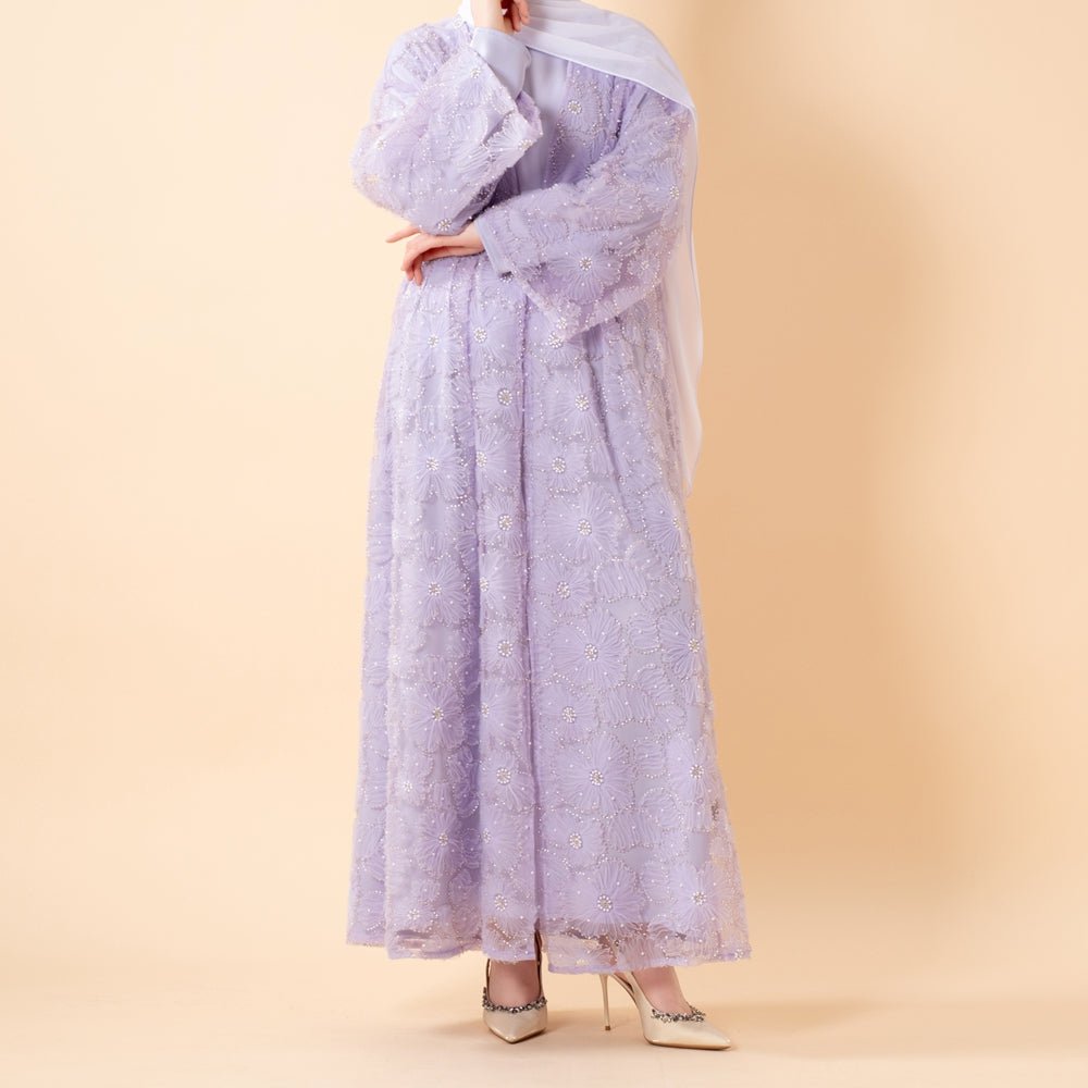 Mesh Flower Bead Open Abaya and Satin Interior Dress 2 - Piece Set | Elegant Muslim Wedding Guest Outfit(MOA222) - Mariam's Collection