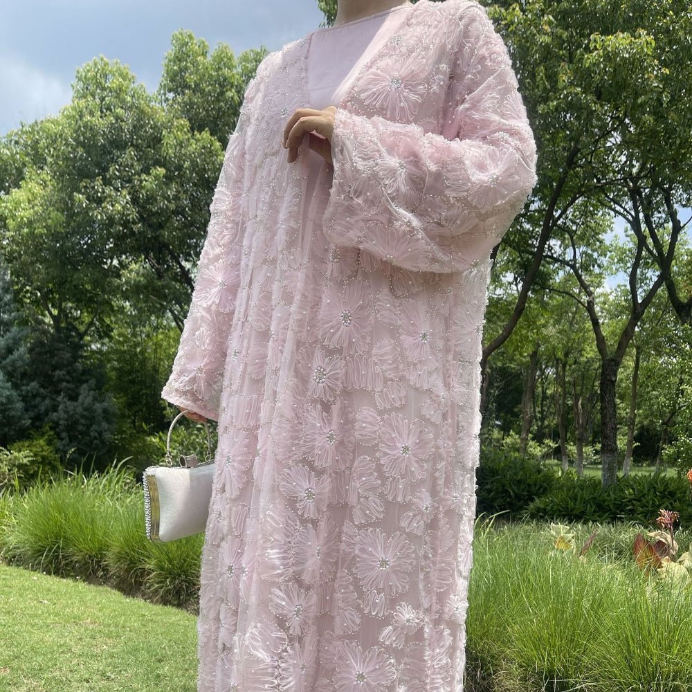 Mesh Flower Bead Open Abaya and Satin Interior Dress 2 - Piece Set | Elegant Muslim Wedding Guest Outfit(MOA222) - Mariam's Collection