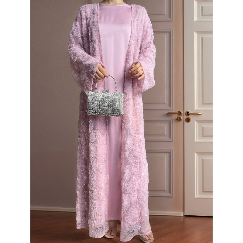 Mesh Flower Bead Open Abaya and Satin Interior Dress 2 - Piece Set | Elegant Muslim Wedding Guest Outfit(MOA222) - Mariam's Collection