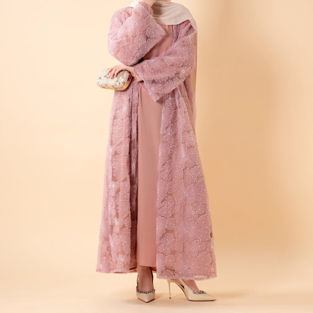 Mesh Flower Bead Open Abaya and Satin Interior Dress 2 - Piece Set | Elegant Muslim Wedding Guest Outfit(MOA222) - Mariam's Collection