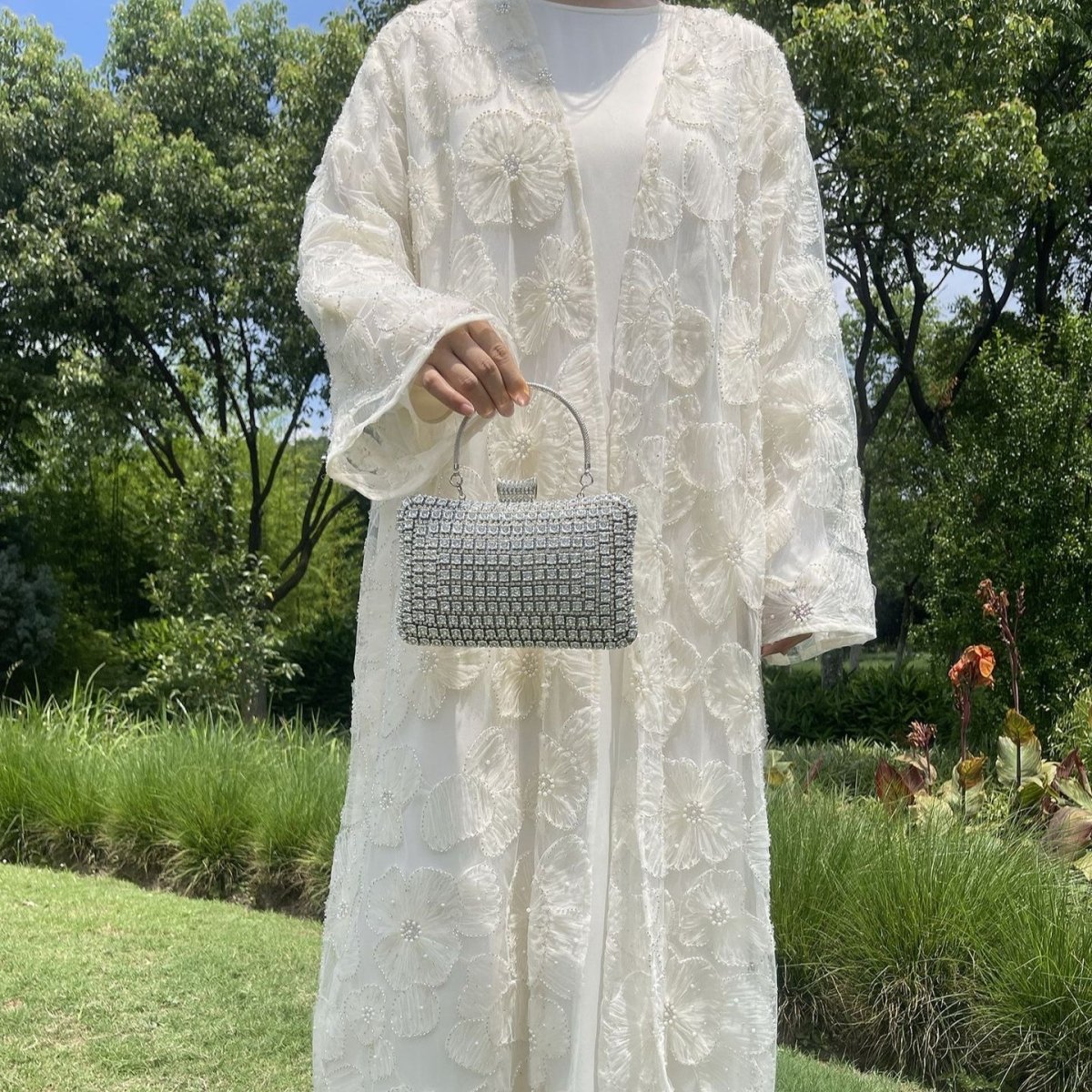 Mesh Flower Bead Open Abaya and Satin Interior Dress 2 - Piece Set | Elegant Muslim Wedding Guest Outfit(MOA222) - Mariam's Collection