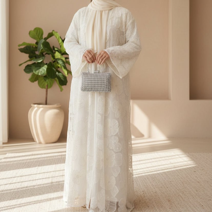 Mesh Flower Bead Open Abaya and Satin Interior Dress 2 - Piece Set | Elegant Muslim Wedding Guest Outfit(MOA222) - Mariam's Collection