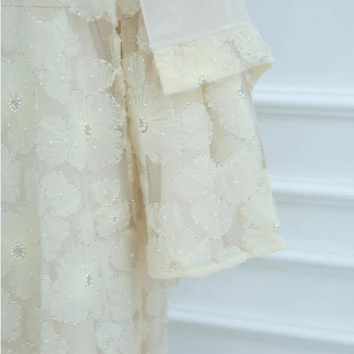 Mesh Flower Bead Open Abaya and Satin Interior Dress 2 - Piece Set | Elegant Muslim Wedding Guest Outfit(MOA222) - Mariam's Collection