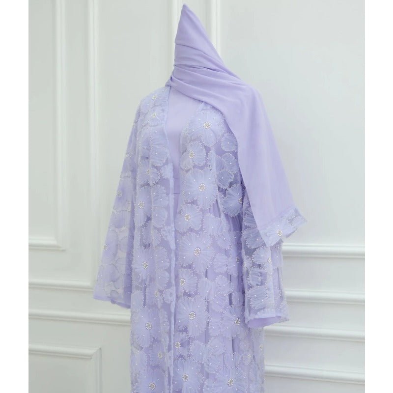 Mesh Flower Bead Open Abaya and Satin Interior Dress 2 - Piece Set | Elegant Muslim Wedding Guest Outfit(MOA222) - Mariam's Collection