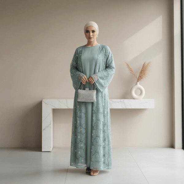 Mesh Flower Bead Open Abaya and Satin Interior Dress 2 - Piece Set | Elegant Muslim Wedding Guest Outfit(MOA222) - Mariam's Collection