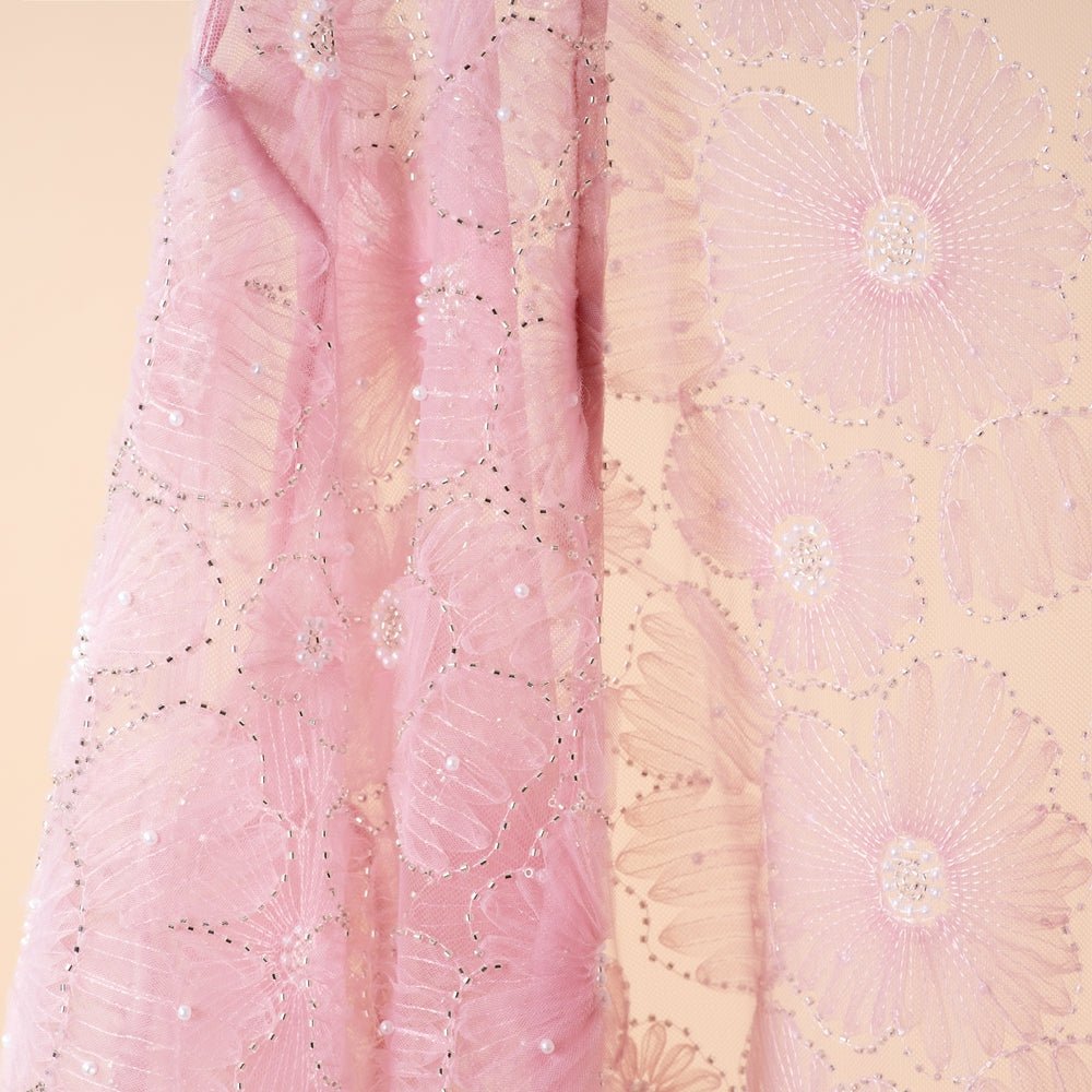 Mesh Flower Bead Open Abaya and Satin Interior Dress 2 - Piece Set | Elegant Muslim Wedding Guest Outfit(MOA222) - Mariam's Collection