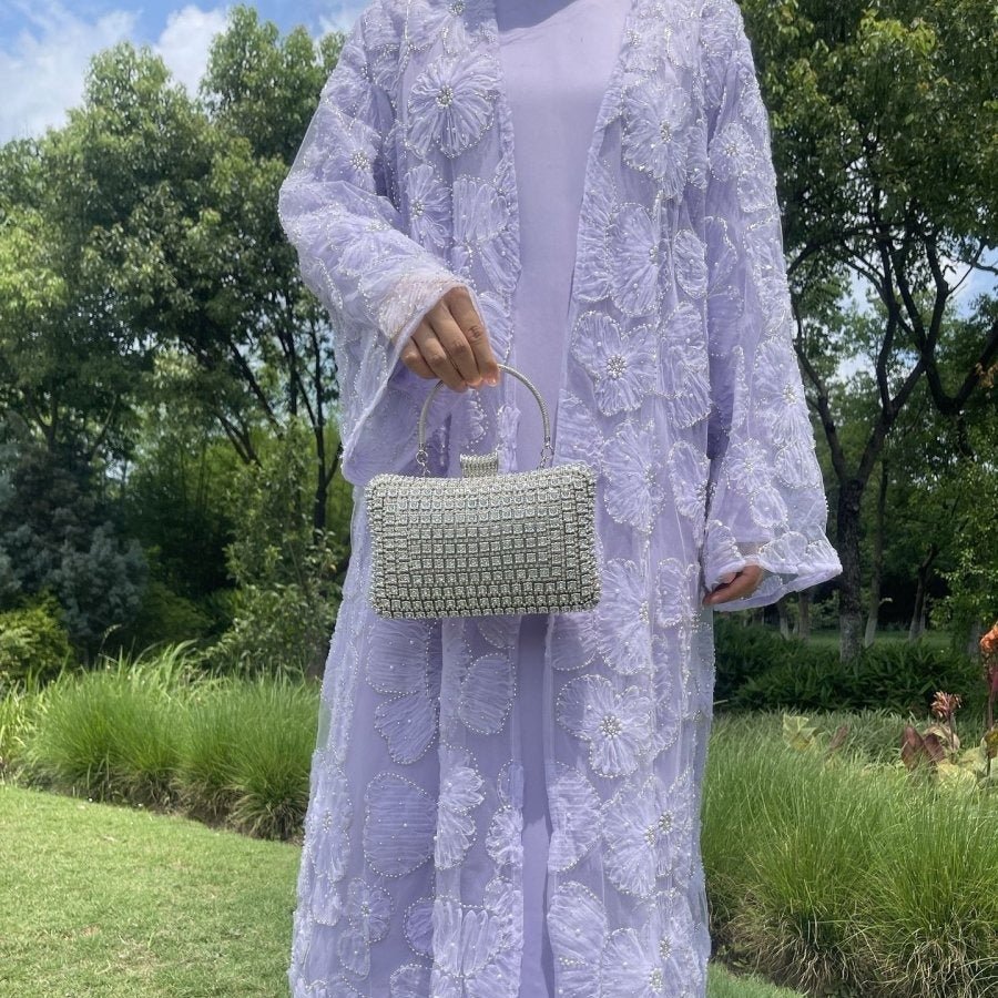 Mesh Flower Bead Open Abaya and Satin Interior Dress 2 - Piece Set | Elegant Muslim Wedding Guest Outfit(MOA222) - Mariam's Collection