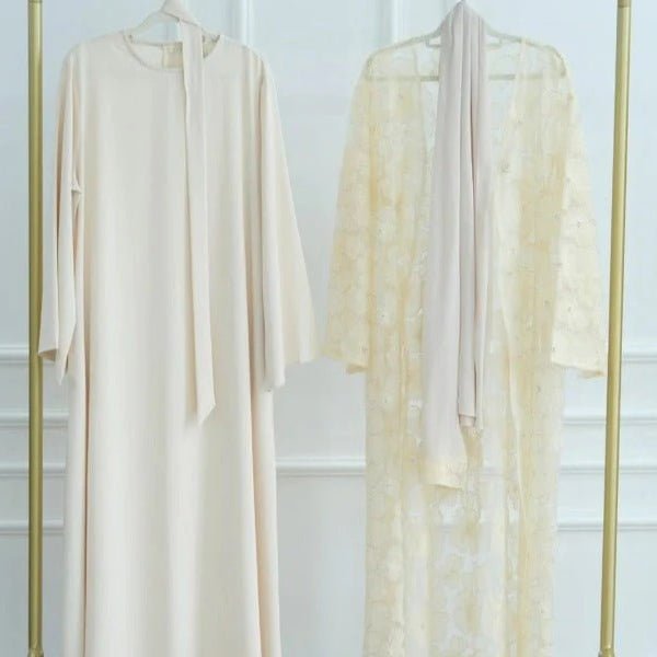 Mesh Flower Bead Open Abaya and Satin Interior Dress 2 - Piece Set | Elegant Muslim Wedding Guest Outfit(MOA222) - Mariam's Collection