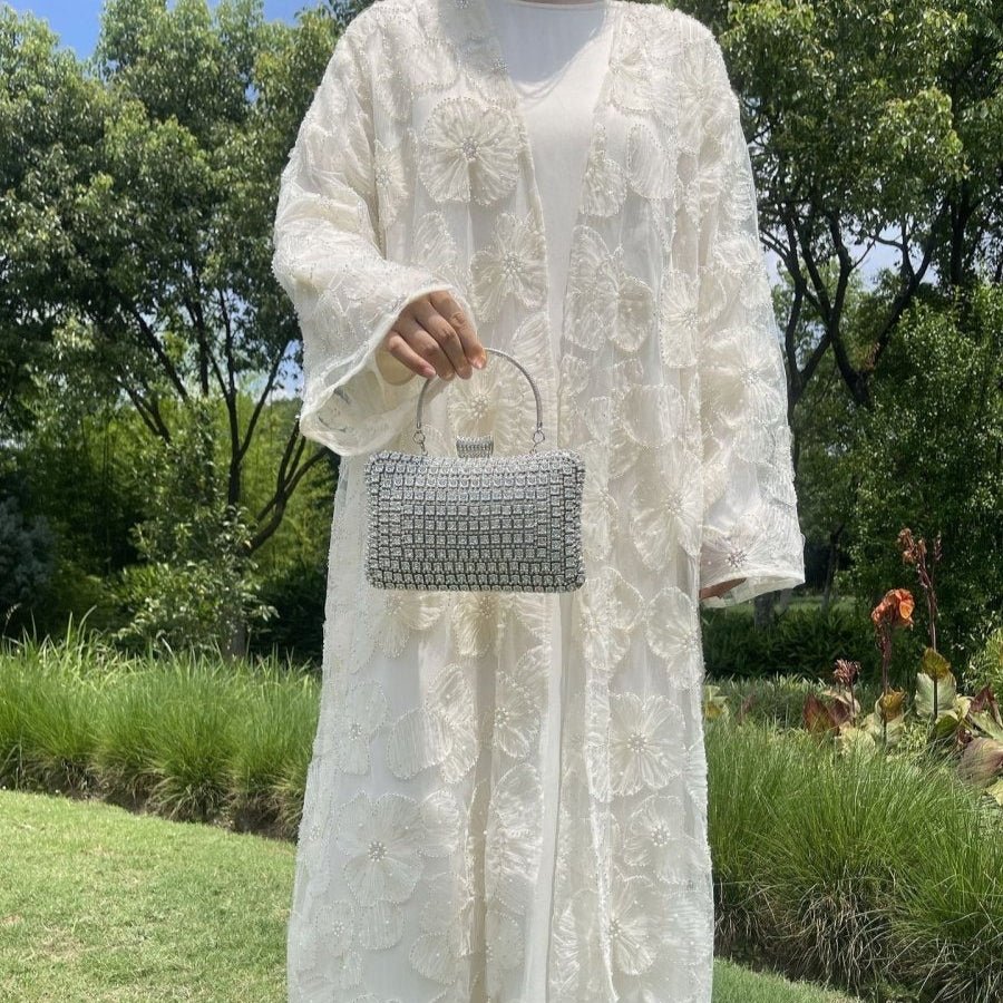 Mesh Flower Bead Open Abaya and Satin Interior Dress 2 - Piece Set | Elegant Muslim Wedding Guest Outfit(MOA222) - Mariam's Collection