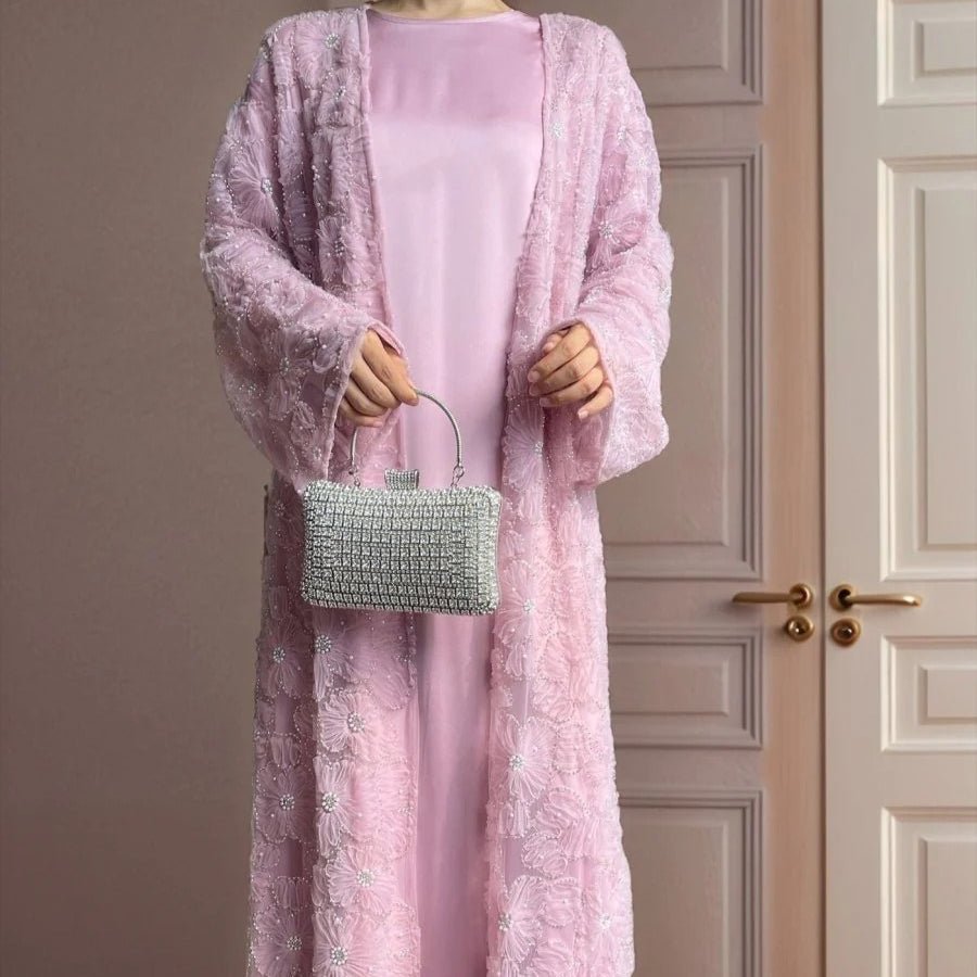 Mesh Flower Bead Open Abaya and Satin Interior Dress 2 - Piece Set | Elegant Muslim Wedding Guest Outfit(MOA222) - Mariam's Collection