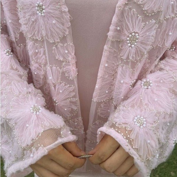 Mesh Flower Bead Open Abaya and Satin Interior Dress 2 - Piece Set | Elegant Muslim Wedding Guest Outfit(MOA222) - Mariam's Collection