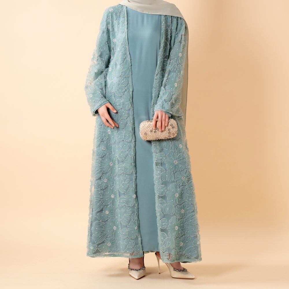 Mesh Flower Bead Open Abaya and Satin Interior Dress 2 - Piece Set | Elegant Muslim Wedding Guest Outfit(MOA222) - Mariam's Collection