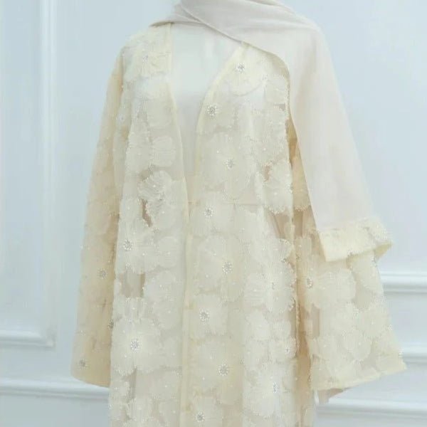 Mesh Flower Bead Open Abaya and Satin Interior Dress 2 - Piece Set | Elegant Muslim Wedding Guest Outfit(MOA222) - Mariam's Collection