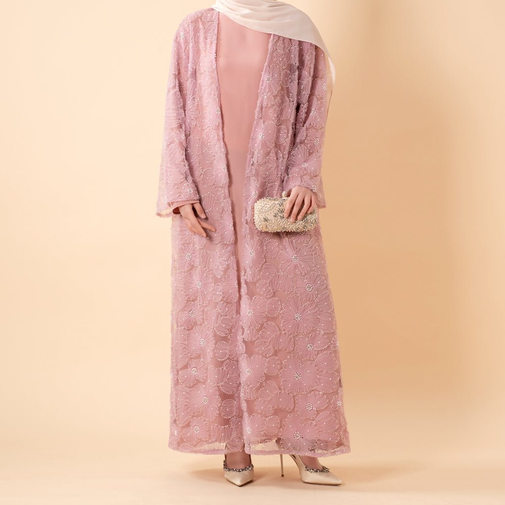 Mesh Flower Bead Open Abaya and Satin Interior Dress 2 - Piece Set | Elegant Muslim Wedding Guest Outfit(MOA222) - Mariam's Collection