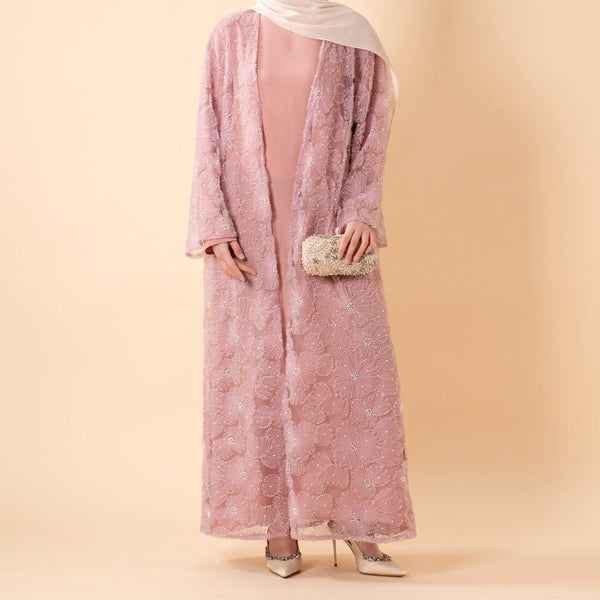 Mesh Flower Bead Open Abaya and Satin Interior Dress 2 - Piece Set | Elegant Muslim Wedding Guest Outfit(MOA222) - Mariam's Collection