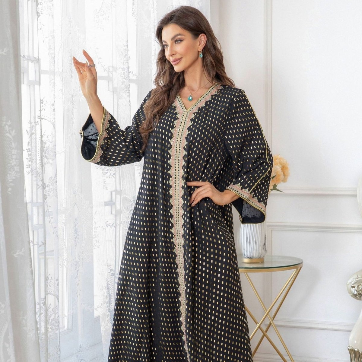 Metallic Embroidered Lace Trim Abaya(MA367) - Mariam's Collection