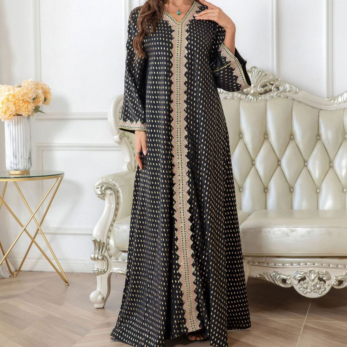 Metallic Embroidered Lace Trim Abaya(MA367) - Mariam's Collection