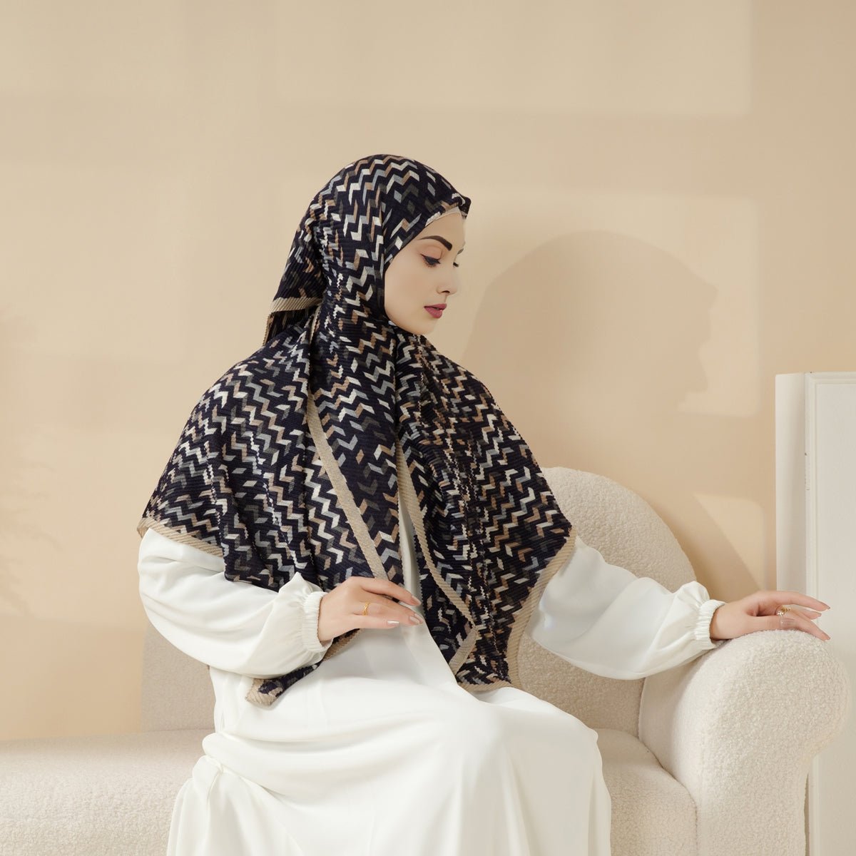 MH094 Printed Pleated Cotton and Linen Blend Shawl - Mariam's Collection