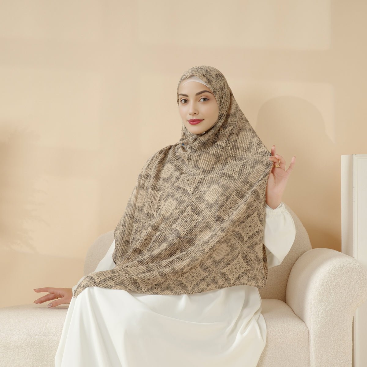 MH094 Printed Pleated Cotton and Linen Blend Shawl - Mariam's Collection