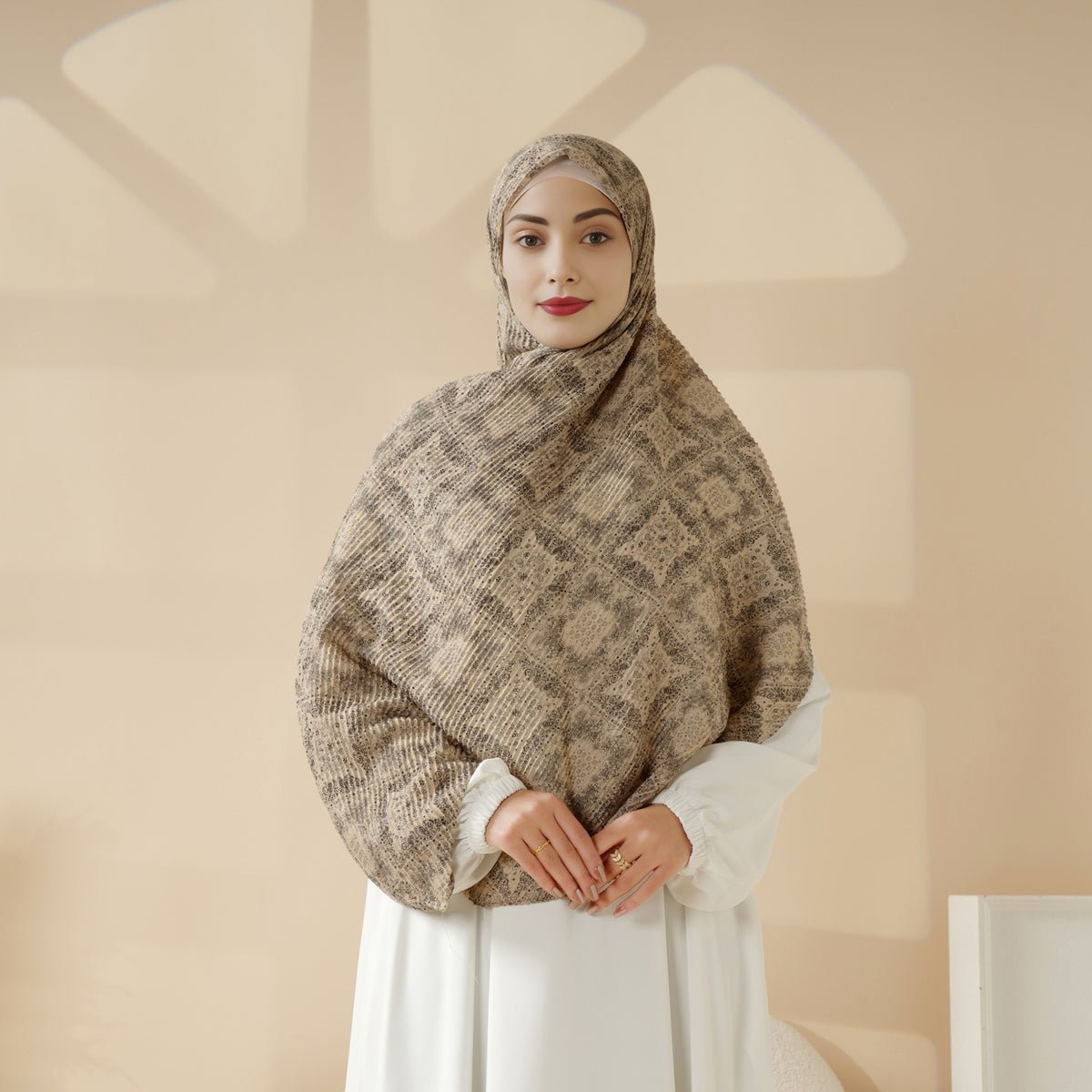 MH094 Printed Pleated Cotton and Linen Blend Shawl - Mariam's Collection