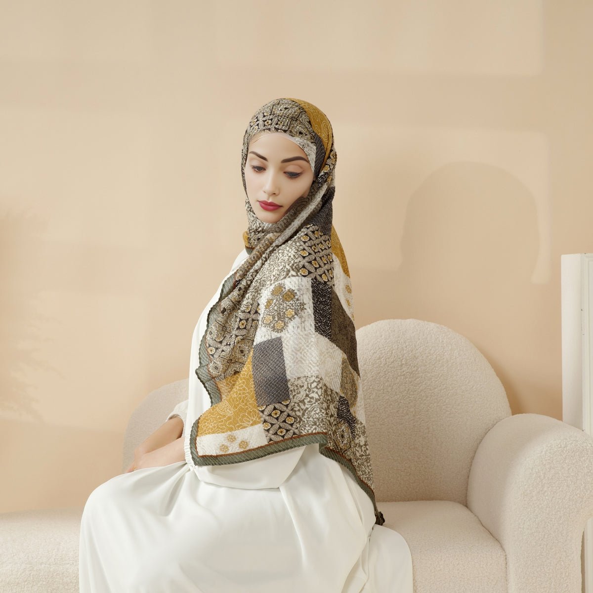 MH094 Printed Pleated Cotton and Linen Blend Shawl - Mariam's Collection