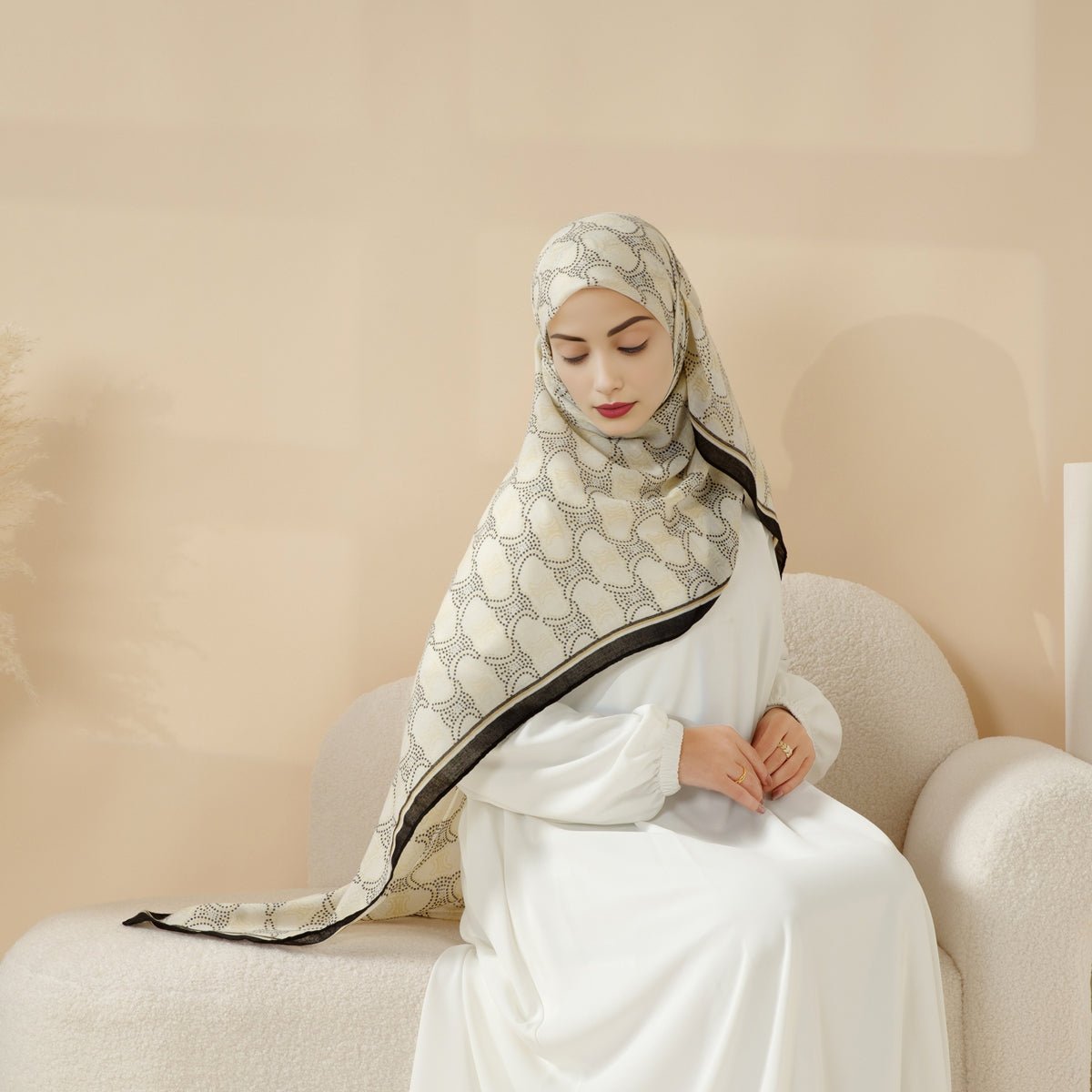 MH095 Printed Colorblock Geometric and Natural Floral Pattern Cotton and Linen Blend Shawl - Mariam's Collection